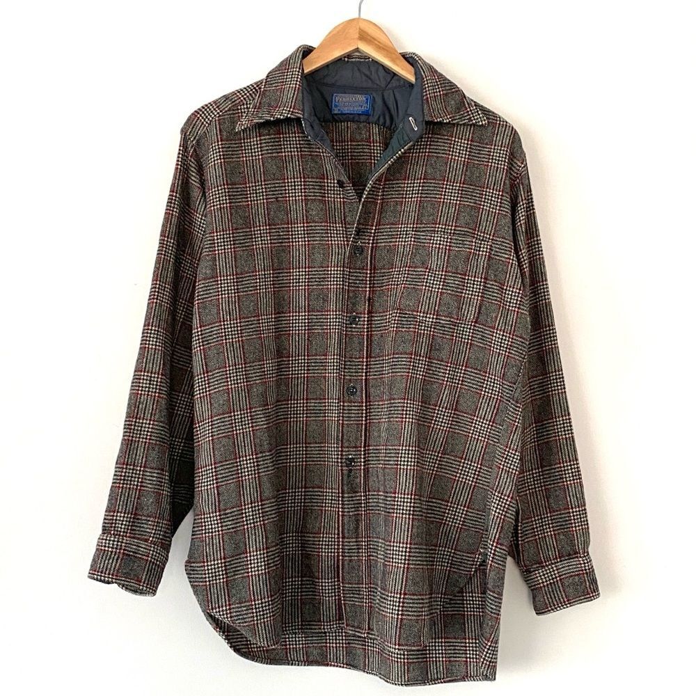 VTG Pendleton Classic Plaid Virgin Wool Shirt Sz L Black Grey Cream Red USA Made